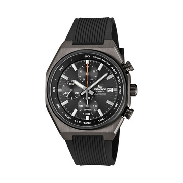 Cronógrafo Casio Edifice EFSS660PB-1A con caja con recubrimiento iónico gris, correa de resina negra, esfera negra texturizada, segundero central rojo, tres subesferas y escala taquimétrica.