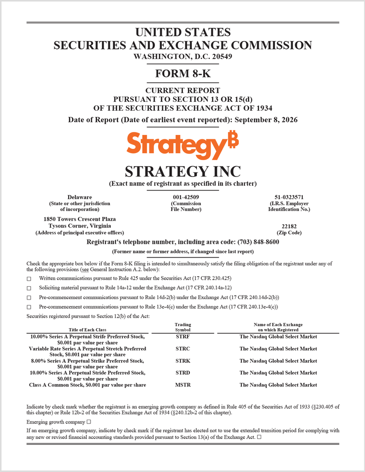 Formulario 8-K de Strategy ante la SEC • 8 de septiembre de 2026