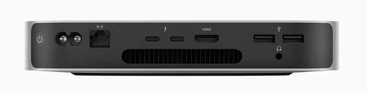 Parte trasera: botón de encendido, cable de alimentación, Ethernet 2x USB-C 4.0 con Thunderbolt 4 (40 GBit/s, modo DisplayPort-ALT), HDMI 2.0, 2x USB-A 3.2 Gen.1 (5 GBit/s), audio de 3,5 mm (Imagen: Apple).