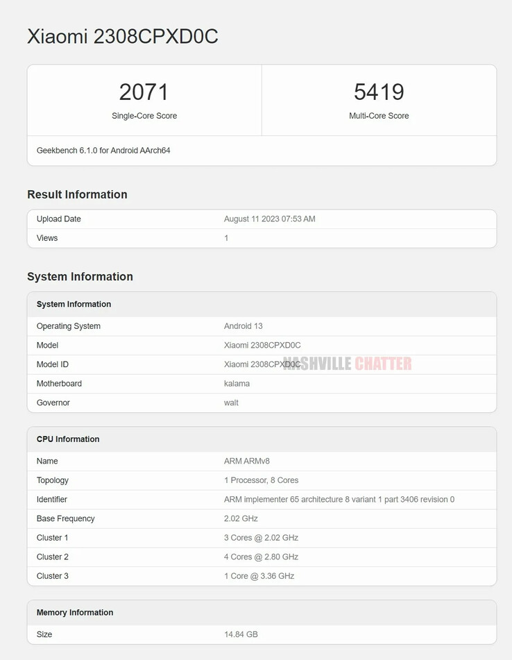 Uno de los nuevos listados de Geekbench más impresionantes del putativo Fold 3. (Fuente: Geekbench vía Nashville Chatter)