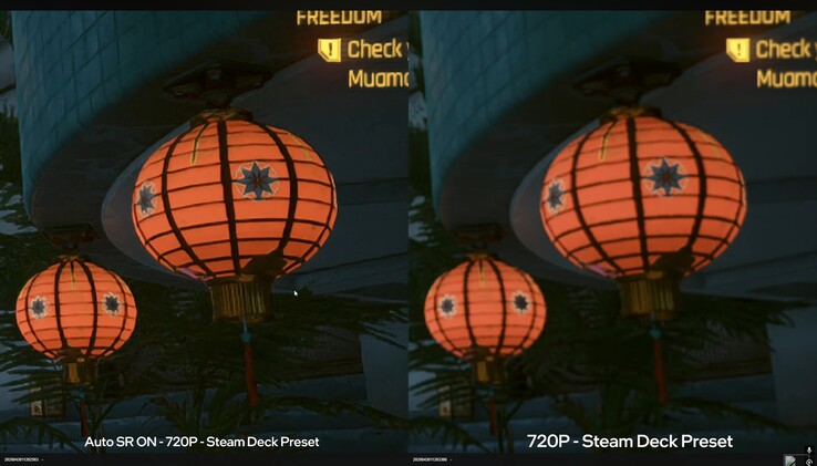 Cyberpunk 2077 en ROG Xbox Ally X nativo vs Auto SR comparación de calidad de imagen.