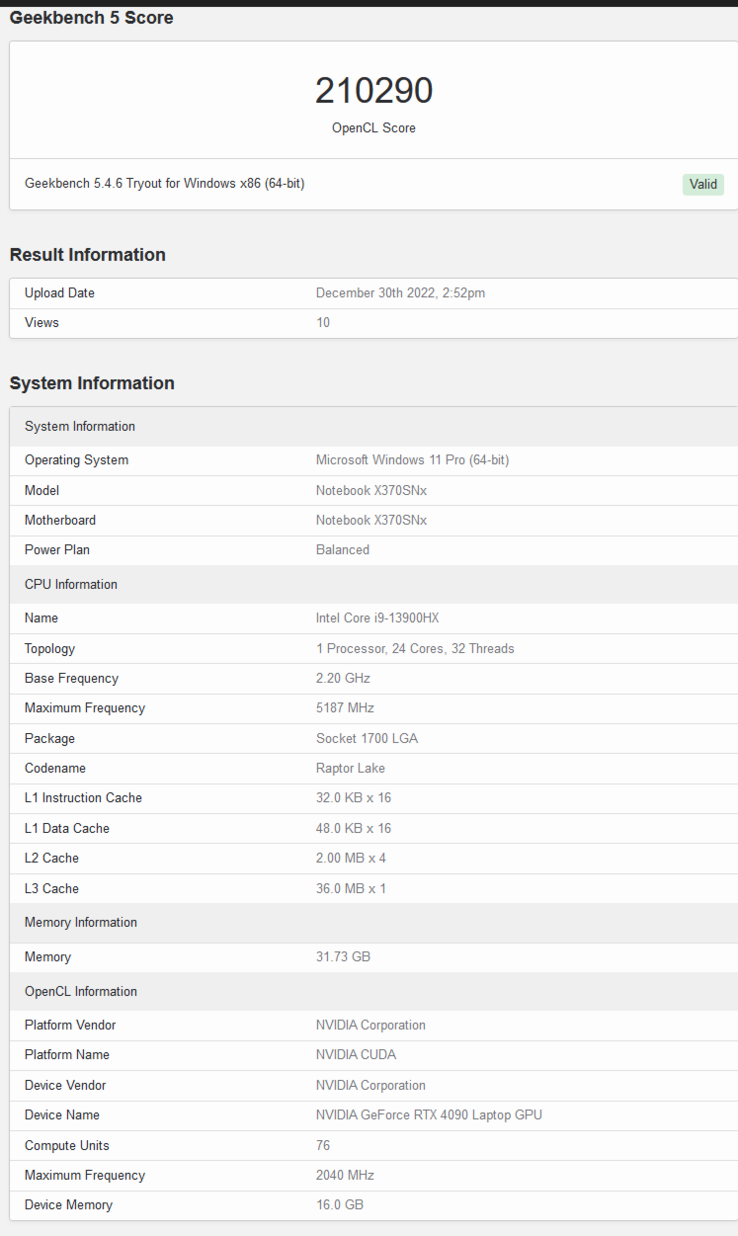 Portátil Nvidia GeForce RTX 4090 en Geekbench (imagen vía Geekbench)