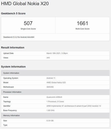 Listado del Nokia X20. (Fuente de la imagen: Geekbench)