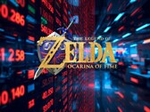 El logotipo del remake de The Legend of Zelda: Ocarina of Time delante del teletipo de las acciones de Nintendo