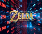 El logotipo del remake de The Legend of Zelda: Ocarina of Time delante del teletipo de las acciones de Nintendo
