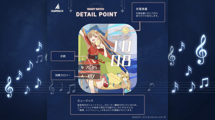 Esfera del reloj inteligente GARRACK Super Kaguya-hime! que muestra pasos, calorías, un indicador de batería con temática lunar y un acceso directo a la música