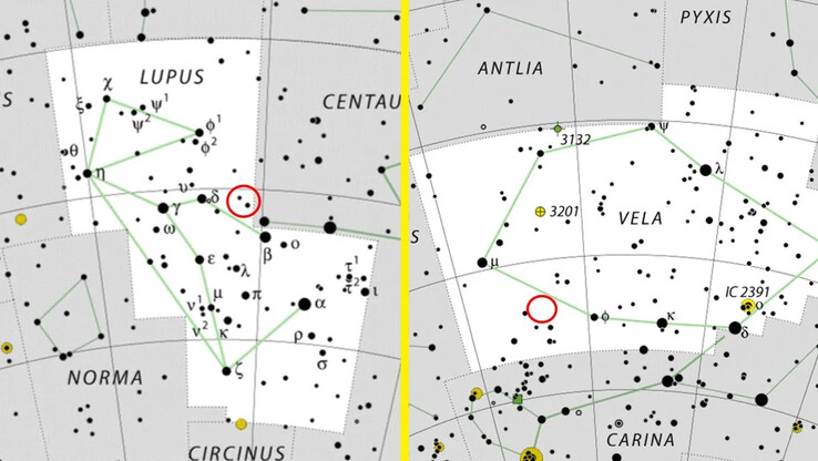 Localización de las novas V462 Lupi y V572 Velorum en las constelaciones de Lupus y Vela. (Fuente de la imagen: IAU/Wikimedia - Live Science)