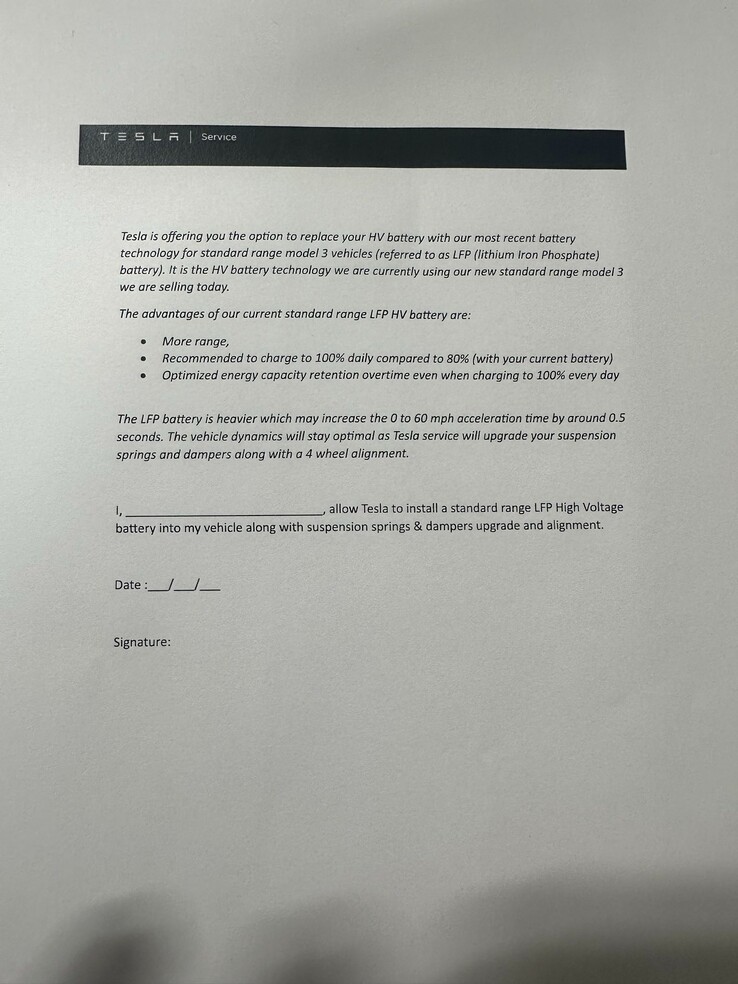 Oferta de sustitución de baterías en garantía LFP de Tesla para el Model 3