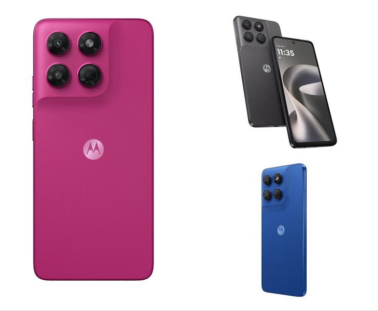 Motorola moto g37 mostrado en las opciones de color Rojo Fucsia Pantone, Impenetrable Pantone y Azul Náutico Pantone.