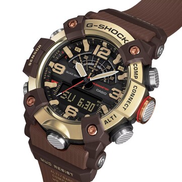 Vista en ángulo del G-Shock Mudmaster GG-B100XMH-5A, en la que se aprecia su pantalla digital-analógica y su combinación de colores en tonos amarillo claro y marrón.
