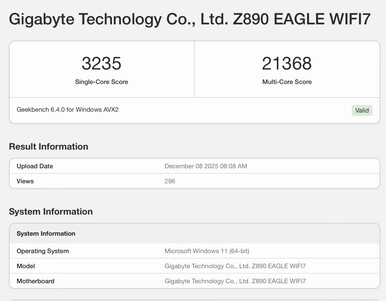 Listado de Geekbench 6 para el Core Ultra 7 270K Plus. (Fuente de la imagen: Geekbench)