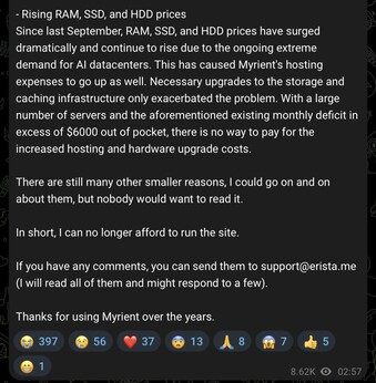 Myrient cerrará el mes que viene, alegando el aumento de los costes de infraestructura.