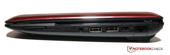 Lado derecho: Lector de tarjetas, Audio, 2x USB 2.0, Kensington, LAN