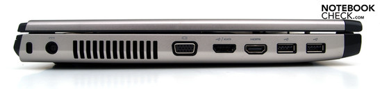 Lado Izquierdo: Ranura de seguridad Kensington, conector de poder, ventilador, combo eSATA/USB, HDMI, 2xUSB-2.0