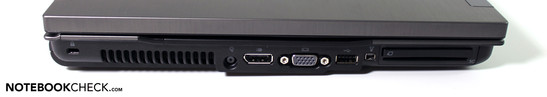 Lado Izquierdo: Seguro Kensington, conector de poder, puerto de pantalla, VGA, USB, Firewire, ExpressCard