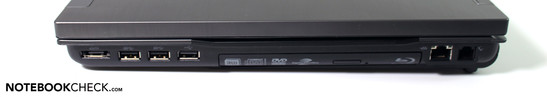 Lado Derecho: USB / eSATA, dos puertos USB 3.0, USB 2.0, Blu-Ray drive, LAN, módem