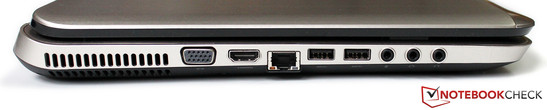 Izquierda: Apertura de ventilación, VGA, HDMI, LAN, 2x USB 3.0, micrófono y  2x clavijas de auriculares