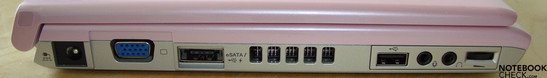 Lado Izquierdo: conector de poder, salida VGA, eSATA/USB, ventilador, USB, audio (audífonos, Micrófono), Dial