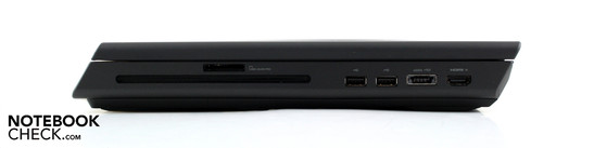 Derecha: Lector de tarjetas 8 en 1, Grabadora de DVD (ranura de entrada), 2x USB 2.0, eSATA/USB 2.0, Entrada HDMI