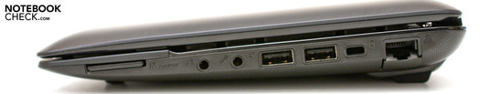 Lado Derecho: lector de tarjeta 3-en-1, audio, 2 puertos USB 2.0, Seguro Kensington, RJ-45