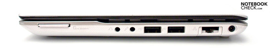 Lado Derecho: Lector de tarjetas, audio, 2 USB 2.0, RJ-45, conector de poder
