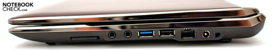 Lado Derecho: Lector de tarjetas, audio, USB 3.0, USB 2.0, RJ-45, conector de poder, Kensington