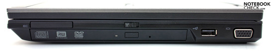 Lado Derecho: ExpressCard 34, DVD drive, USB 2.0, VGA