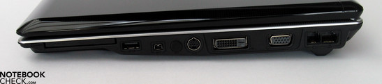 Lado Derecho: ExpressCard, USB, Firewire, S-video, DVI-D, porto VGA, modem, LAN