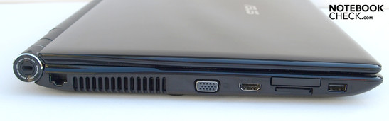 Izquierda: Cierre Kensington, LAN, ventilador, VGA, HDMI, ExpressCard/34, lector de tarjetas 8 en 1, USB 2.0