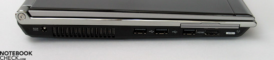Izquierda: Conector de corriente, ventilador, 3xUSB, HDMI, ExpressCard