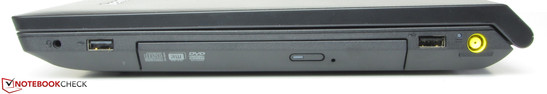 Derecha: combo de audio, USB 2.0, grabador DVD, USB 2.0, toma de corriente.