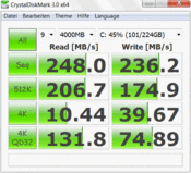 Crystal Disk Mark 248MB/s en Lectura secuencial