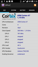 CPU-Z revela un SoC ARM Cortex-A7 de cuatro núcleos.