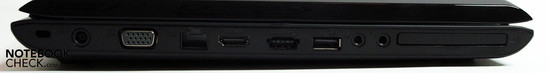 Lado Izquierdo: Kensington, DC-in, VGA, Ethernet, HDMI, USB/eSATA combinado, USB, audio, compartimiento ExpressCard
