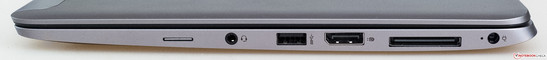 Derecha: tarjeta SIM, entrada/salida de audio, USB 3.0, DisplayPort, acoplamiento, toma de corriente