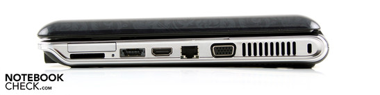 Derecha: ExpressCard/34, lector de tarjetas, eSATA/USB, HDmi, Ethernet, VGA