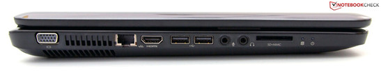 Izquierda: VGA, RJ45 Fast Ethernet LAN, HDMI, 2x USB 2.0, micrófono, auriculares, lector de tarjetas