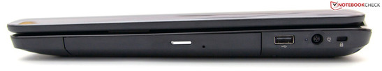 Derecha: Lectora de discos, USB 2.0, conexión de corriente, cierre Kensington
