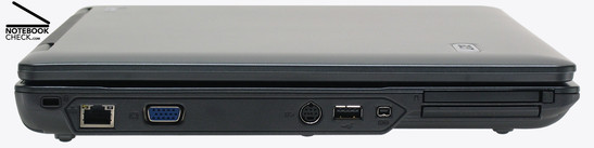 Izquierda: Cierre Kensington, LAN Gigabit, VGA, S-Video, 1X USB-2.0, Firewire, ExpressCard/54, PC-Card.