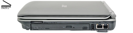 Derecha: Unidad DVD, 5-en-1-lector de tarjetas, 1x USB 2.0, Gigabit-LAN, modem