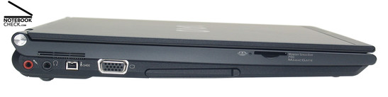 Izquierda: Microfono, auriculares, Firewire (iLINK IEEE 1394), VGA, PC Card, Lector de Tarjetas(memory stick)