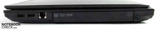 Lado Derecho: 2x USB 2.0, módem, grabador de DVD, conexión de red