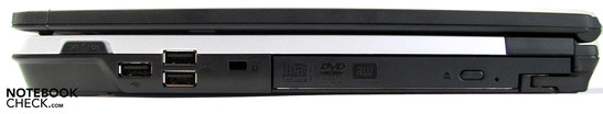 Derecha: Interruptor WLAN, 3x USB 2.0, Unidad DVD en bahia modular.