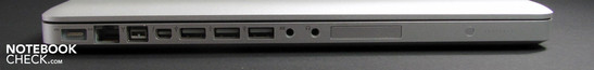 Lado Izquierdo: Conector de poder, Ethernet, FW800, Thunderbolt/Mini DisplayPort, 3x USB 2.0, Micrófono, Auriculares, ExpressCard/34, LEDs de Carga de Batería