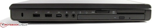 Izquierda: Kensington, 2x USB, Firewire (6-pin), entrada/salida audio, Blu-Ray, lector de tarjetas, SmartCard, ExpressCard/54