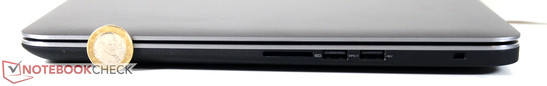 Derecha: lector de tarjetas SD, USB 3.0, USB 2.0 (con corriente), bloqueo Noble