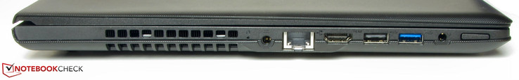 Left: Power-in, Ethernet port, HDMI, USB 2.0, USB 3.0, combo audio, power button