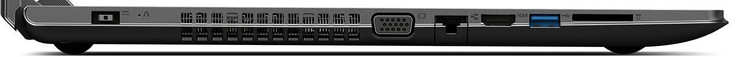 Left: Power-in, VGA-out, Gigabit Ethernet, HDMI, USB 3.0, memory card reader
