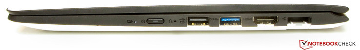 Right side: power button, One-Key recovery (recessed), USB 2.0, USB 3.0, HDMI, Gigabit Ethernet