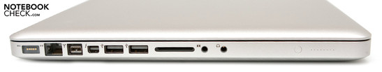 Izquierda: Conector de alimentación MagSafe, RJ-45, FireWire 800, Thunderbolt (incl. Mini DisplayPort), 2x USB 2.0, Lector de Tarjetas (SD, SDHC, SDXC), Clavija de Cascos, Entrada de Micrófono